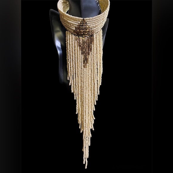 Beige and bronze beaded drop necklace - Picture 1 of 4